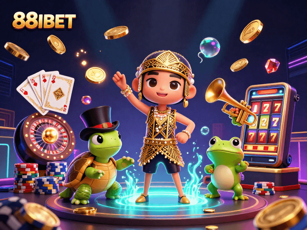Experience thrilling gaming at 88IBET with dynamic characters and casino elements in a vibrant illustration.