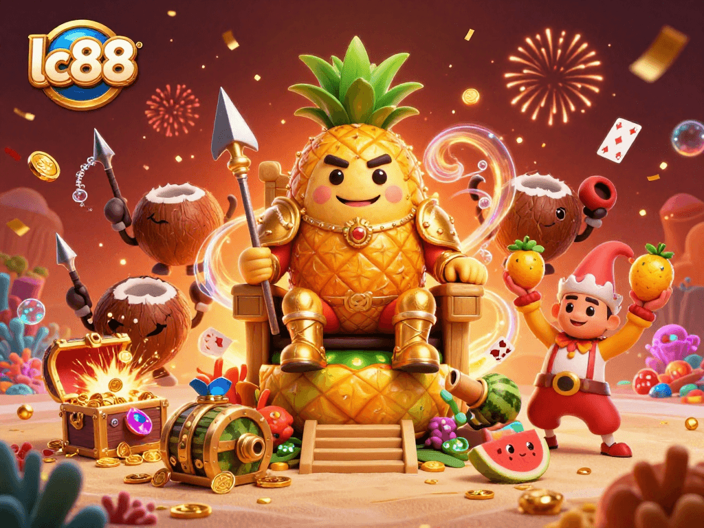 Enter the exciting world of lc88 gaming with a vibrant 3D illustration showcasing the pineapple king, cannon, and treasures!