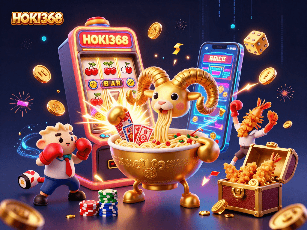 HOKI368 presents a vibrant 3D casino scene featuring a giant ramen bowl dealer among dynamic slot and gaming elements.