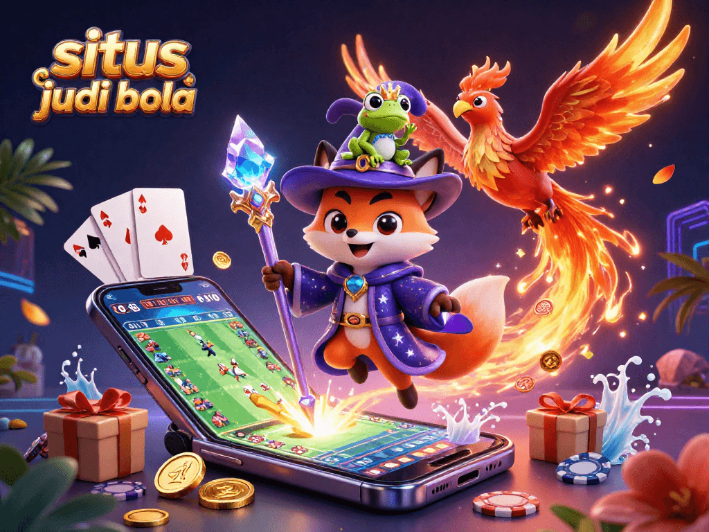 Situs judi bola showcases an exciting illustration of sports betting with dynamic characters, gaming elements, and vibrant colors.