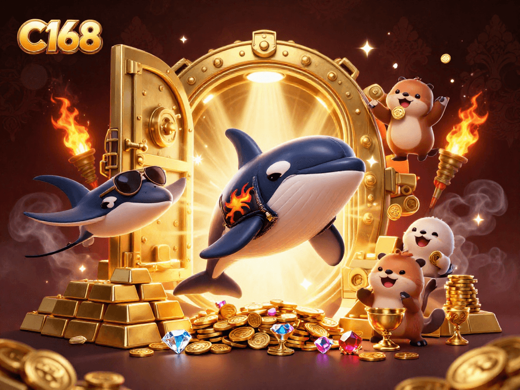 C168 interactive scene showing an orca whale, stingray, and sea otters amidst gold treasures, enhancing online gaming excitement.