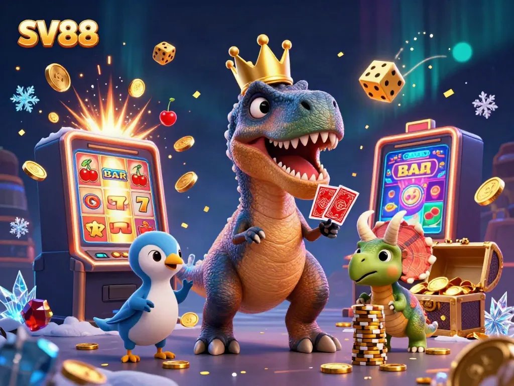 Experience SV88 excitement with cartoon dinosaurs amidst slot machines, gold coins, and vibrant casino elements.