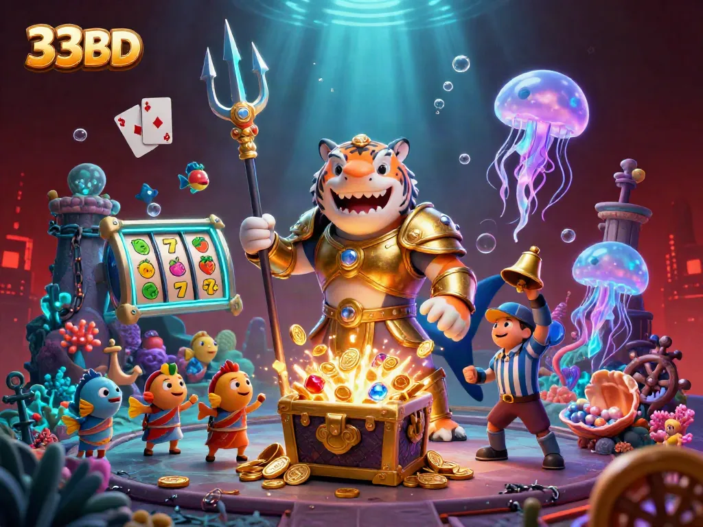 Experience thrilling excitement at 33BD's underwater slot gaming with an epic shark gladiator.