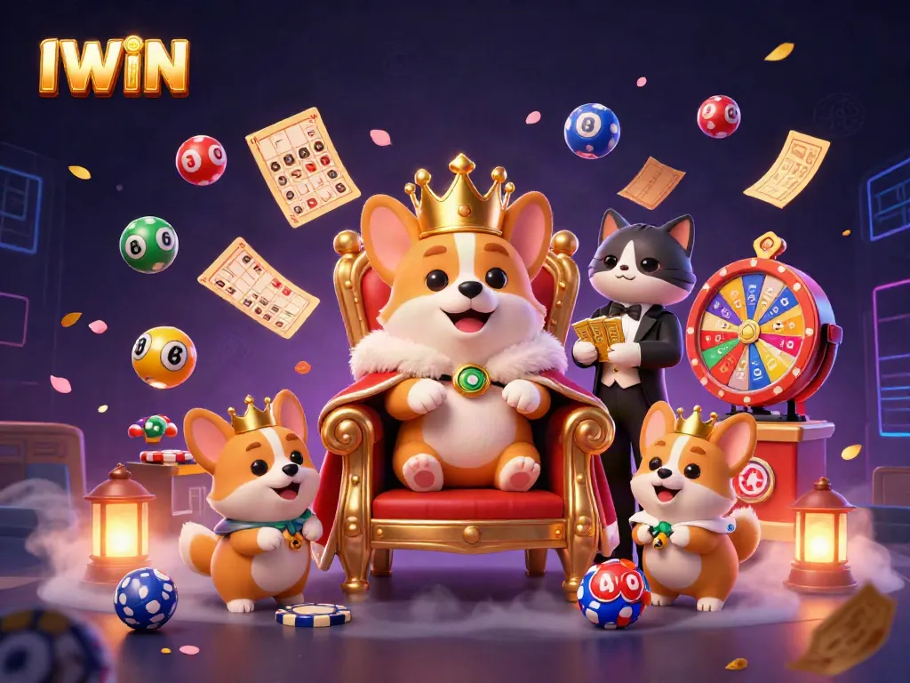 Experience the vibrant excitement of IWIN with our royal corgi crowned atop a poker chip throne, surrounded by dynamic casino elements.