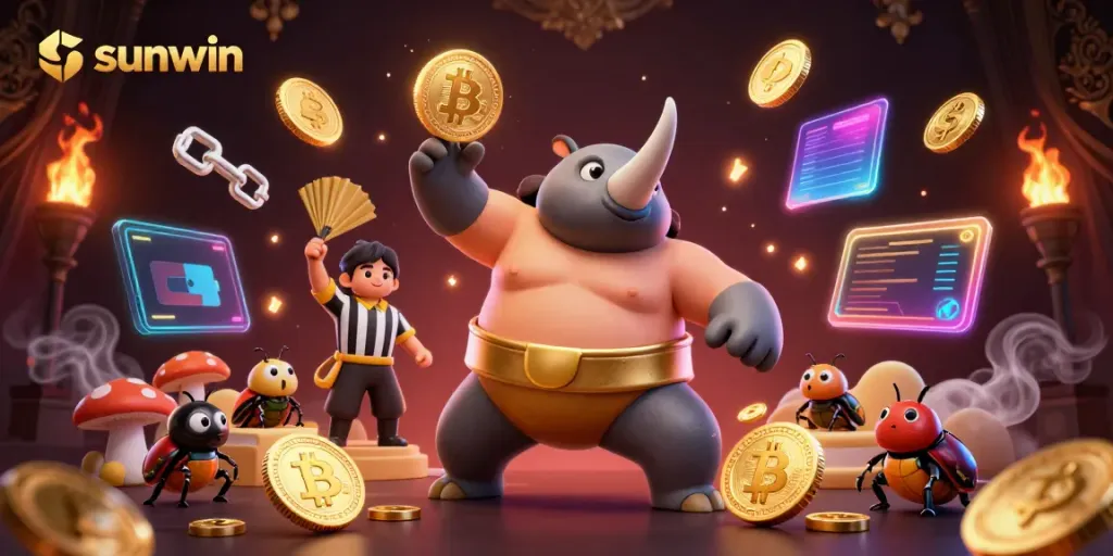 Experience the excitement of sunwin with a dynamic illustration of a powerful beetle sumo champion surrounded by glowing cryptocurrency elements.