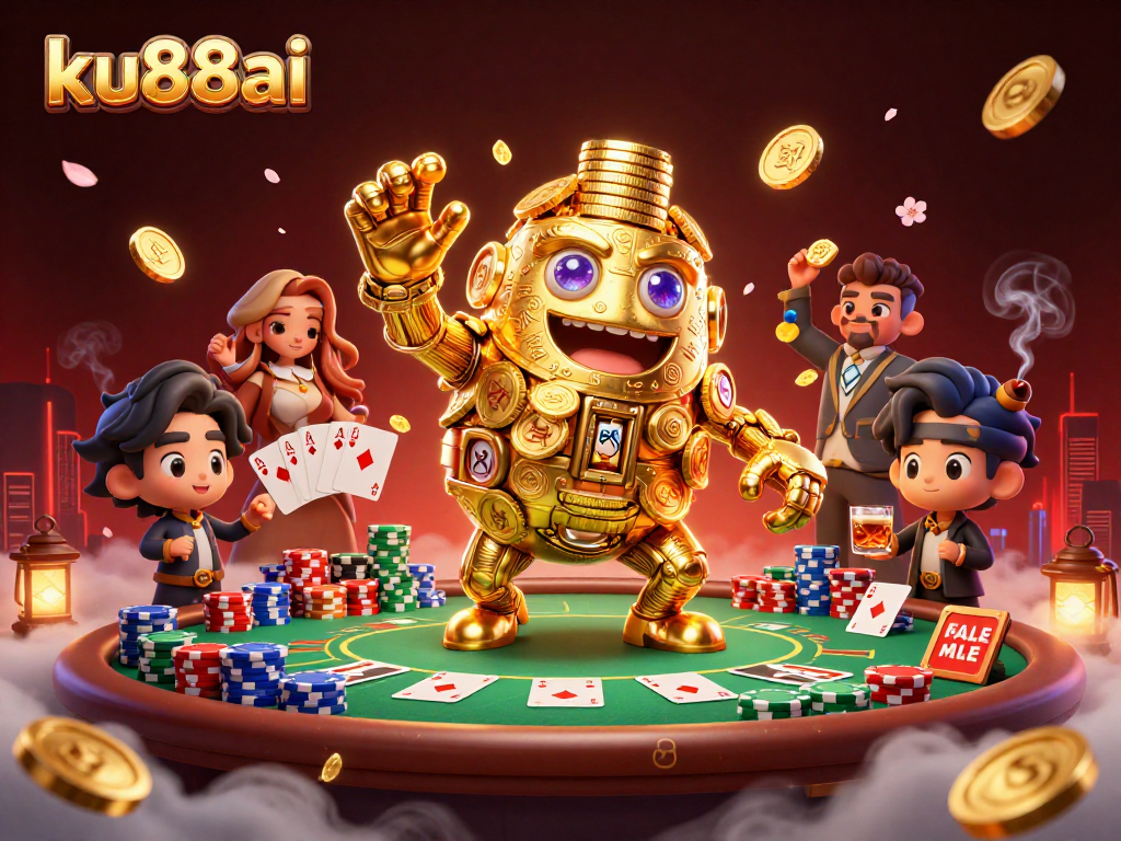 Engage with the vibrant ku88ai casino scene featuring a golden golem, poker elements, and rich atmospheric details.