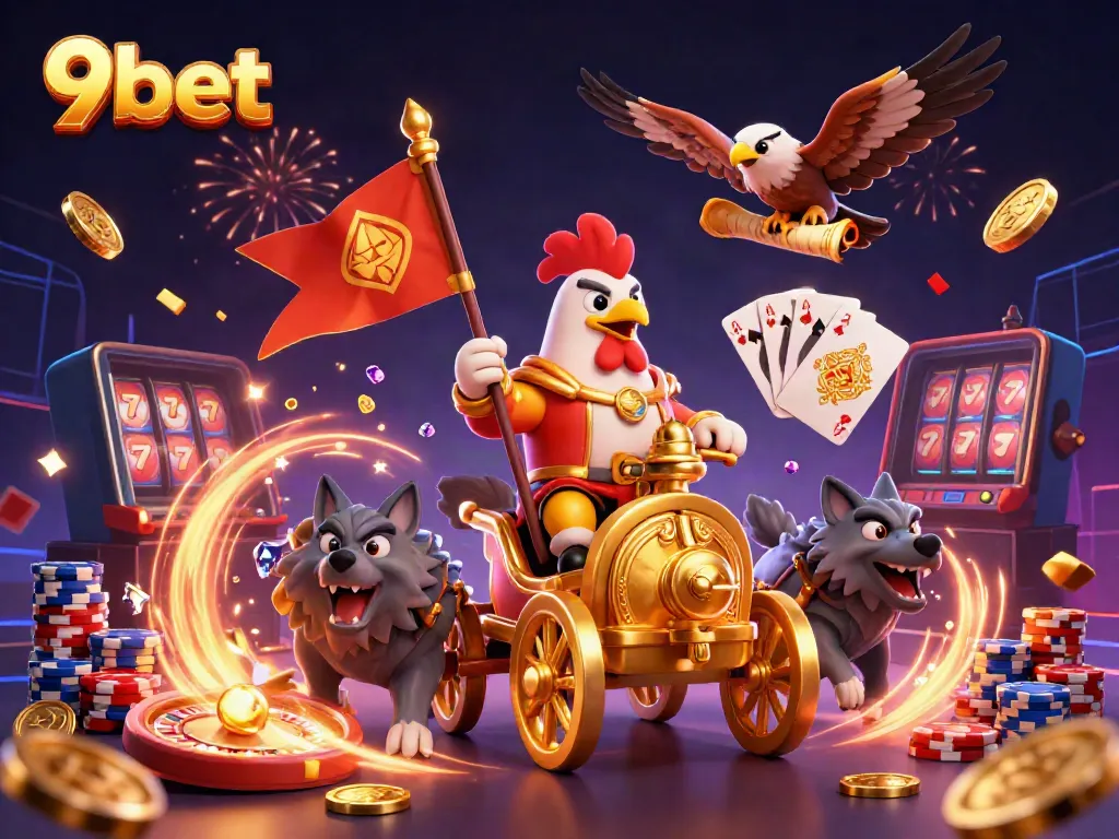 9bet showcases a vibrant 3D casino scene filled with coins, cards, and a warlord chariot.