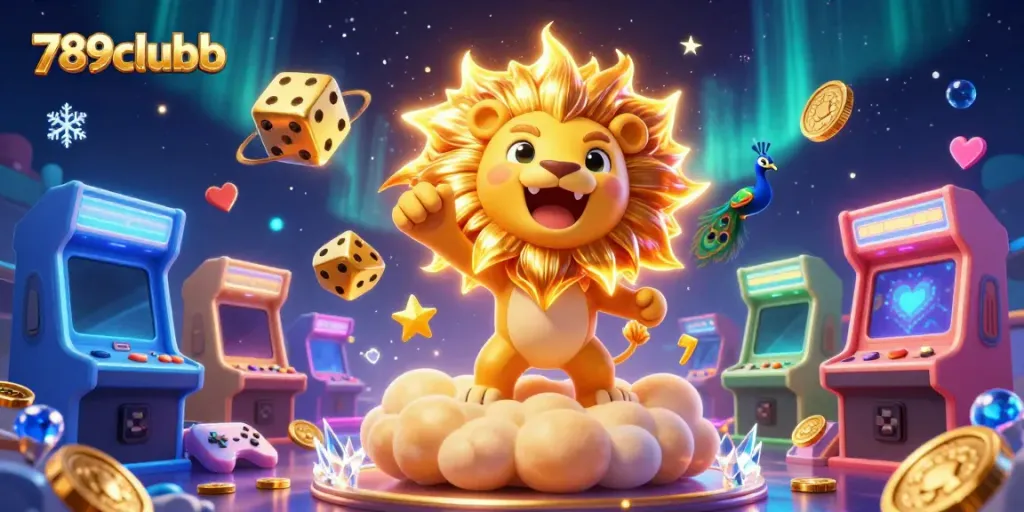 Experience the thrill of 789clubb with immersive casino visuals, featuring a roaring sun lion and golden dice.