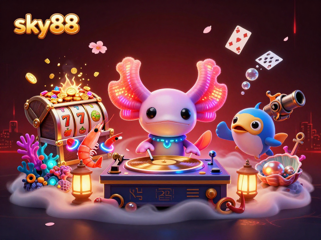 Join the fun at sky88 with a vibrant underwater casino scene featuring DJ axolotl and lively sea creatures.