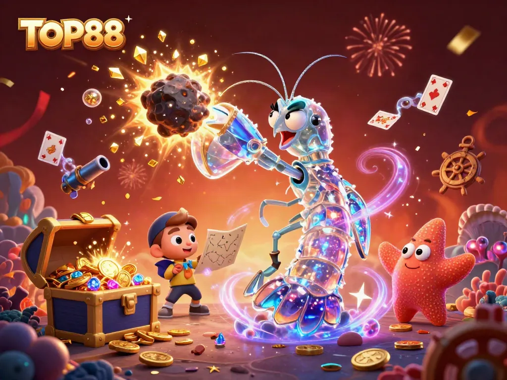 Experience the thrill of TOP88 with a galactic samurai mantis shrimp and explosive treasure in a vibrant scene.