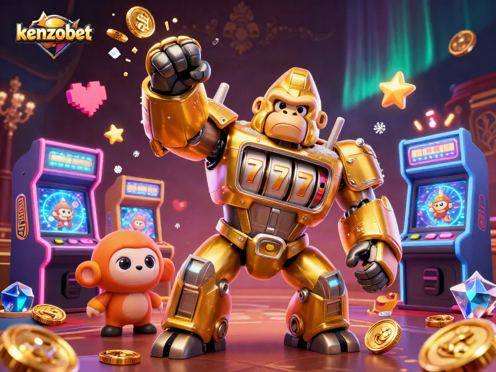 Kenzobet offers a thrilling gaming experience featuring a golden gorilla mech with slot machine elements.
