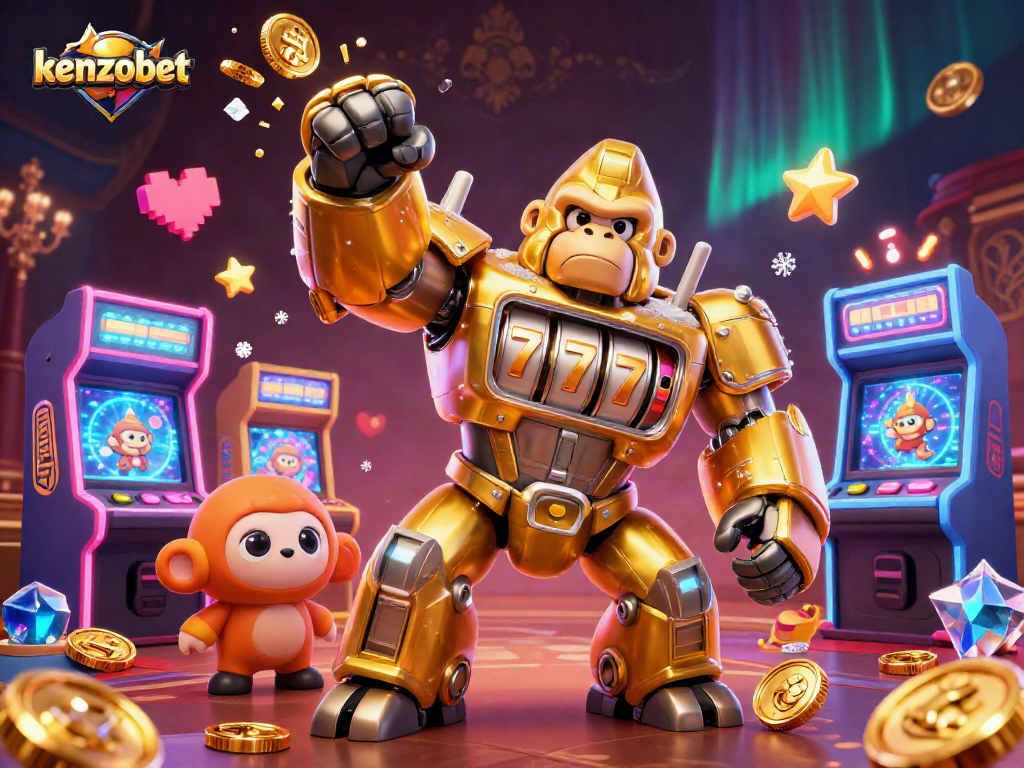 Kenzobet offers a thrilling gaming experience featuring a golden gorilla mech with slot machine elements.