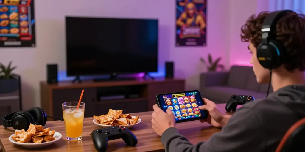 Player engaging with Situs gacor slot game on mobile, vibrant gaming atmosphere.