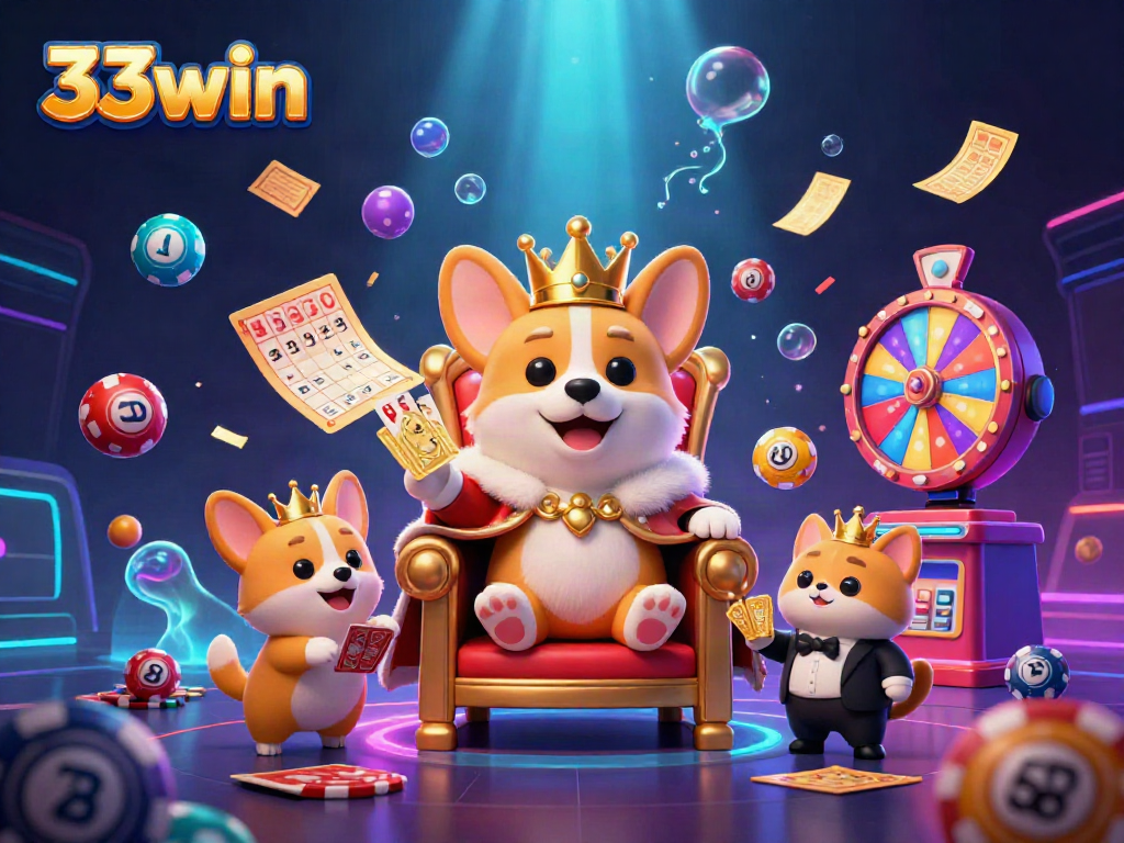 Engage with the vibrant world of 33win, featuring a royal corgi on a throne surrounded by lottery elements.