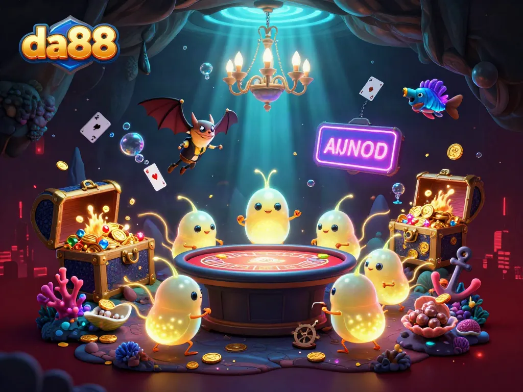 da88 glowing casino scene with lively glowworms illuminating card games and treasures