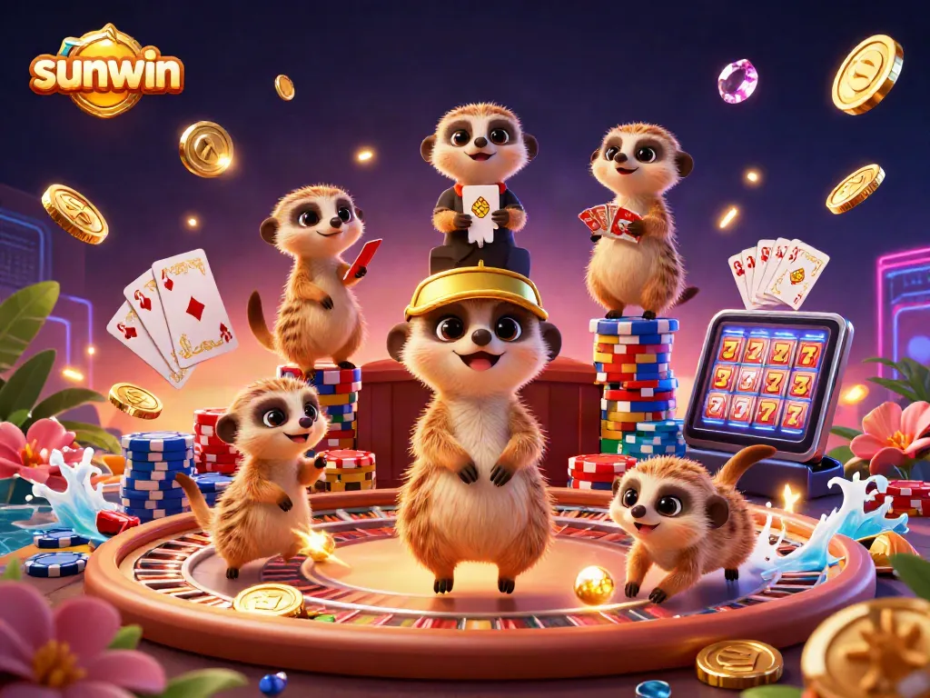 Win big with sunwin in this vibrant casino scene with meerkats and dynamic game elements.