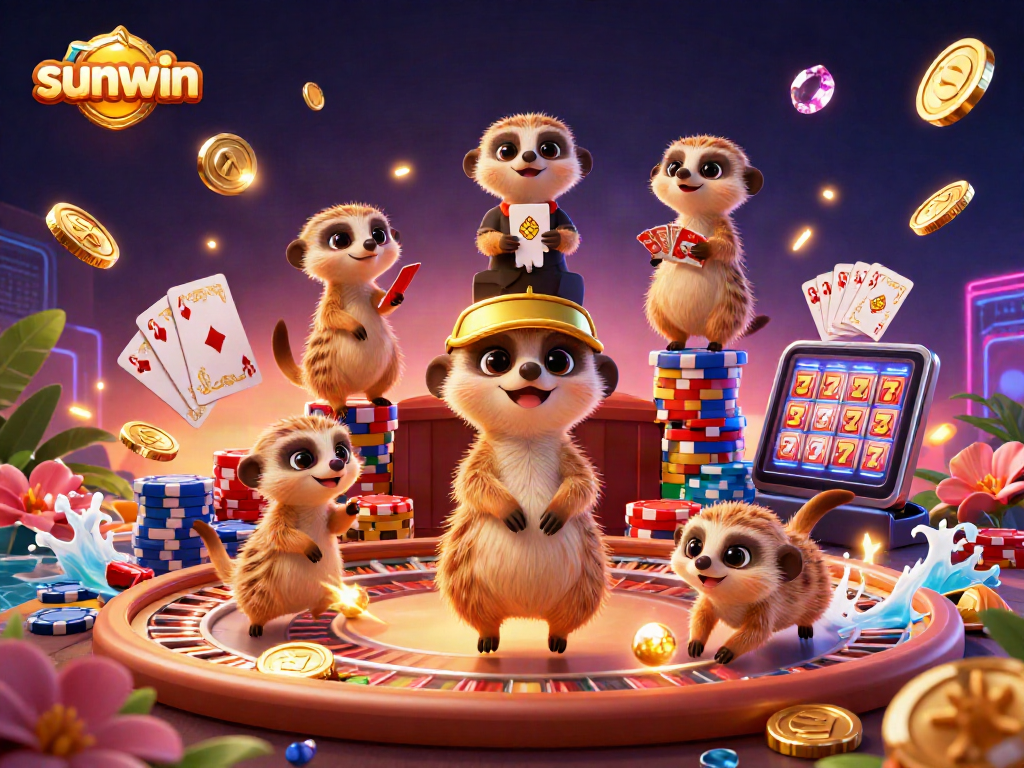 Win big with sunwin in this vibrant casino scene with meerkats and dynamic game elements.