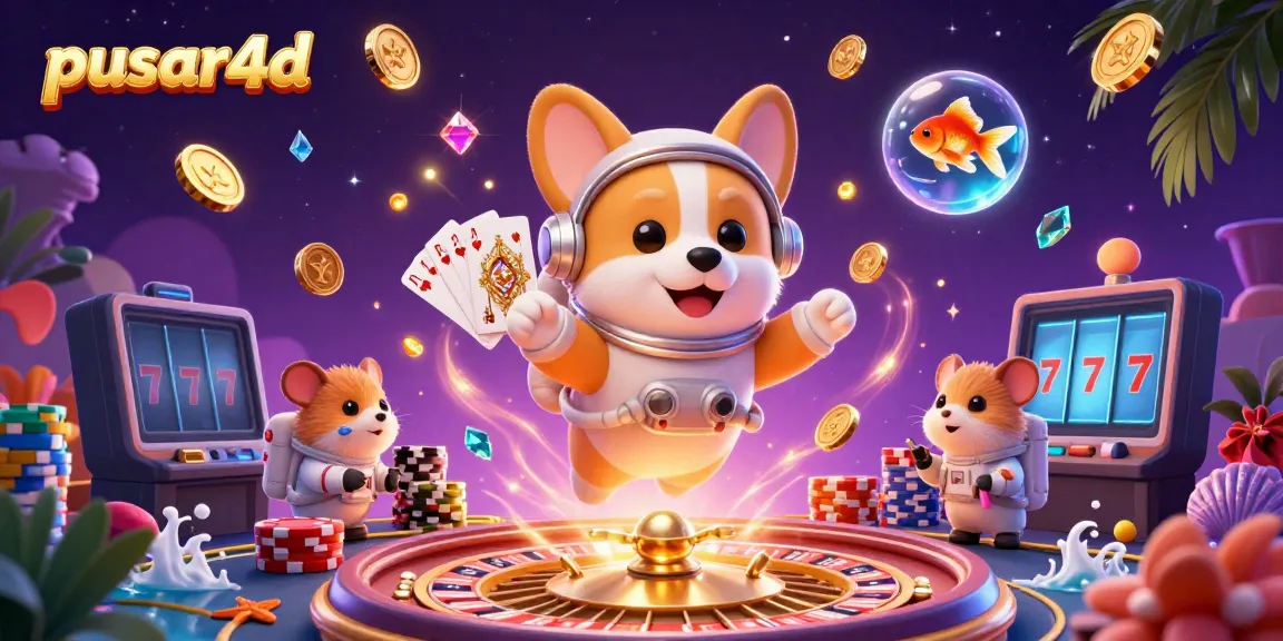 Pusar4d illustrates a vibrant casino-themed scene with a playful corgi in space, depicting dynamic gambling elements.