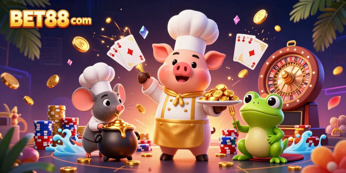 Experience the excitement of BET88 com with golden coins and vibrant slot games in this lively casino illustration.