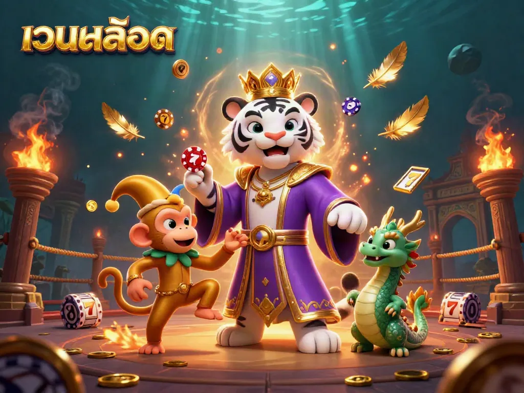 Play slots at เว็บสล็อต featuring a royal tiger and jester monkey in a vibrant casino scene.