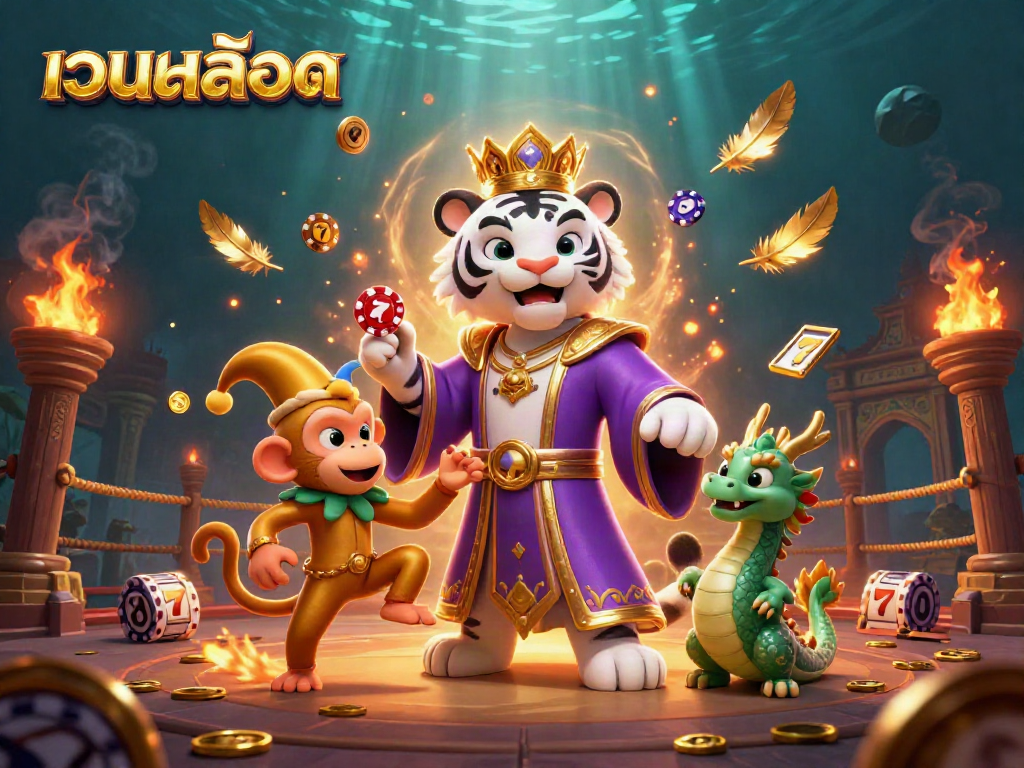 Play slots at เว็บสล็อต featuring a royal tiger and jester monkey in a vibrant casino scene.
