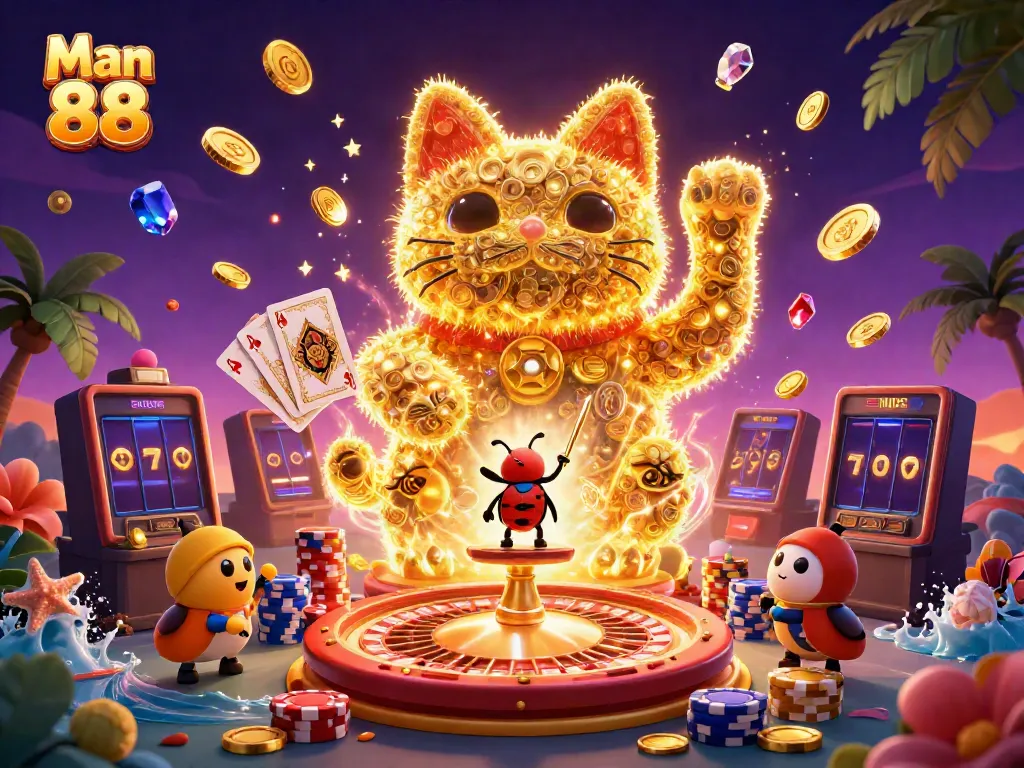 Experience exciting moments with Man 88's lively lucky cat illustration inviting players to win big.