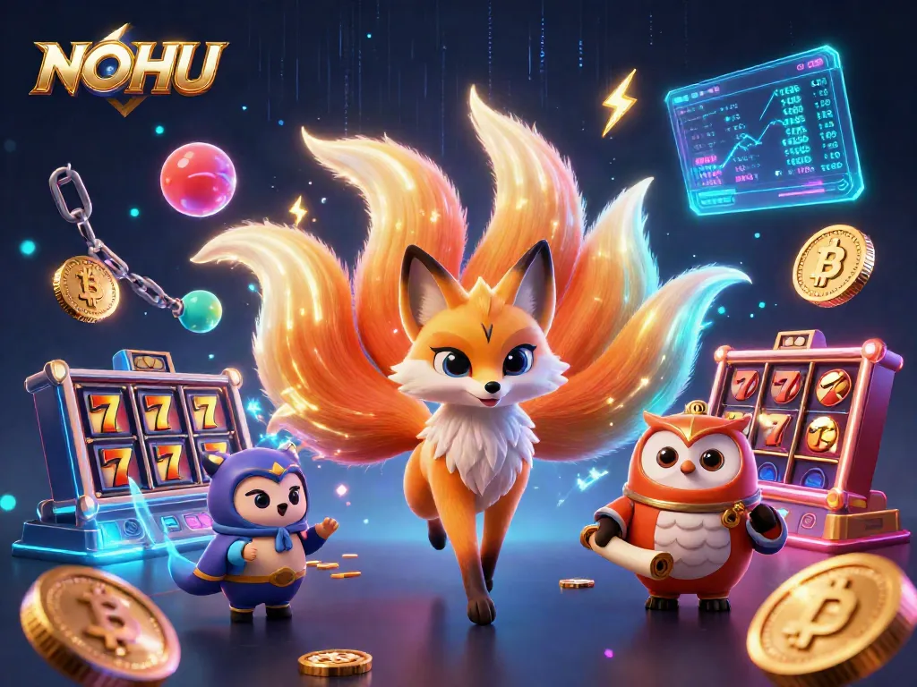 Engage in the world of NOHU with a vibrant illustration showcasing dynamic slot games and enchanting characters for immersive casino fun.