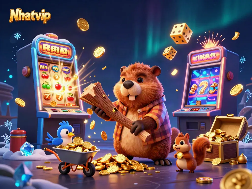 Nhatvip showcases a lively 3D scene with cartoon characters celebrating a jackpot, surrounded by casino elements.