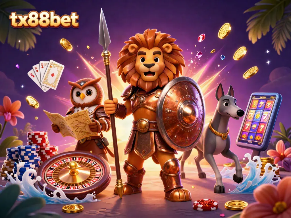 Experience the thrill of tx88bet gaming with a dynamic casino scene featuring a lion, owl, and greyhound.