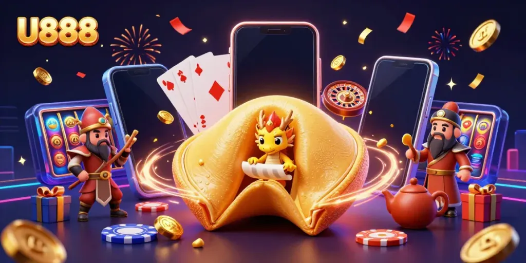 Engage in U888's thrilling gaming atmosphere with 3D dynamic scene featuring fortune cookie and casino elements.