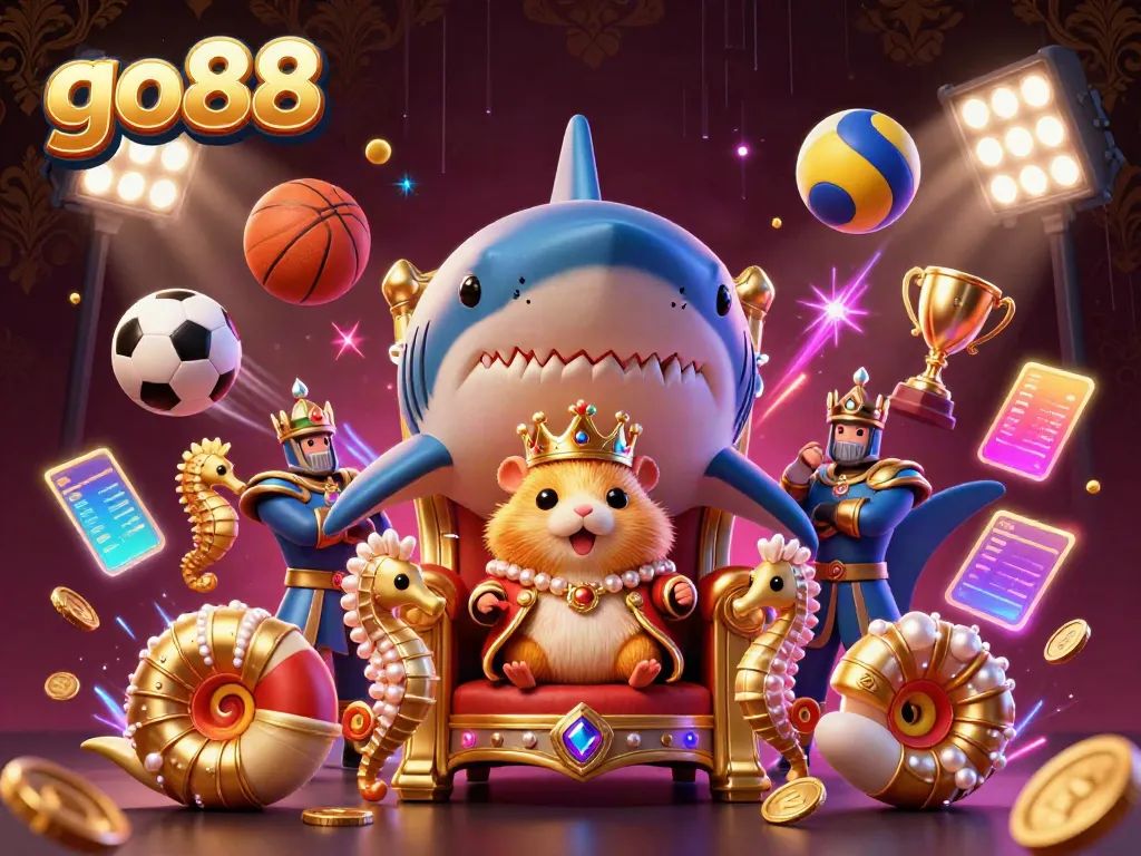 Experience the excitement of go88 with a dynamic scene featuring the golden hamster king and thrilling sports elements.