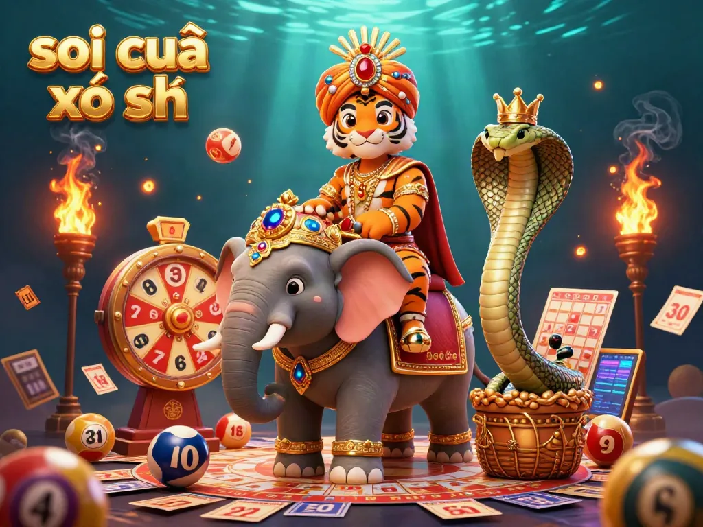 Engaging scene depicting soi cầu xổ số with a tiger maharaja, jewel-encrusted elephant, and lottery elements.