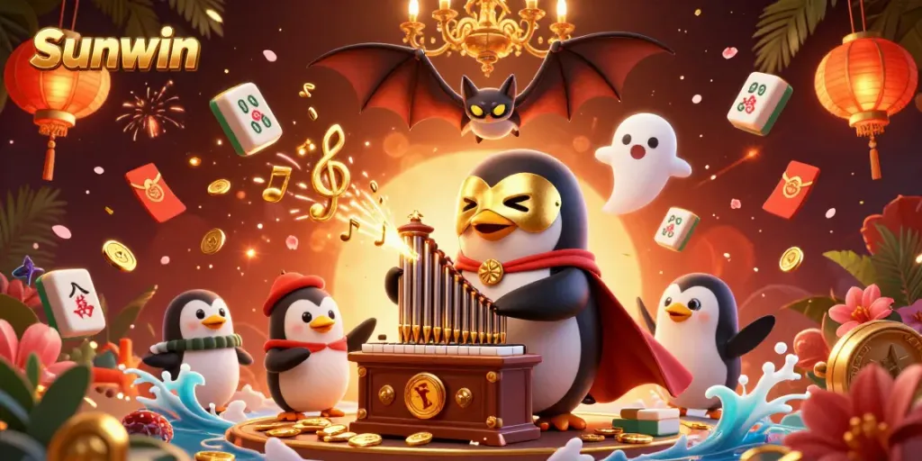 Experience the magical gaming world of Sunwin with the phantom opera penguin and bat acrobat amid golden coins and festival elements.