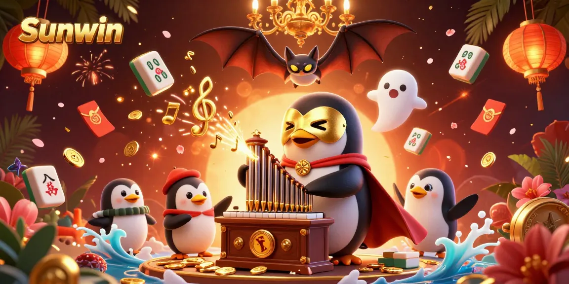 Experience the magical gaming world of Sunwin with the phantom opera penguin and bat acrobat amid golden coins and festival elements.