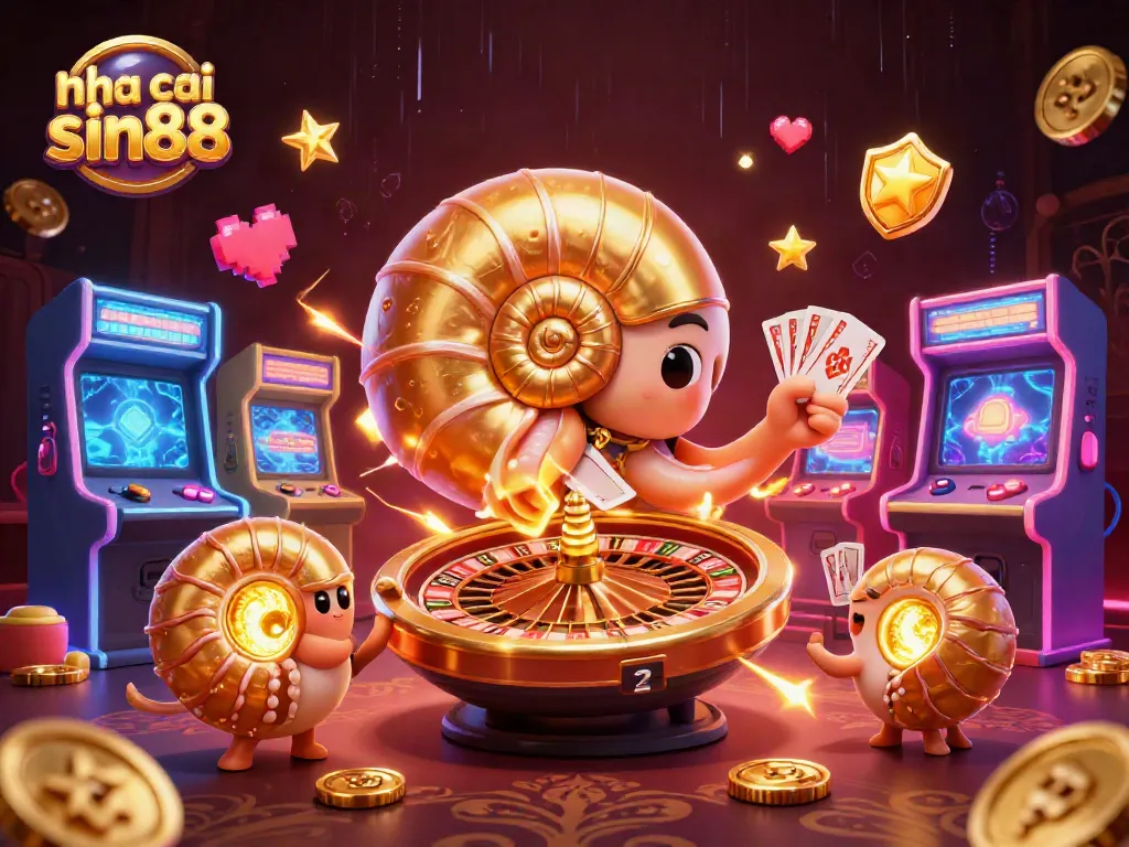Engage with nha cai sin88's vibrant gaming scene featuring a nautilus roulette wheel and glowing arcade machines.