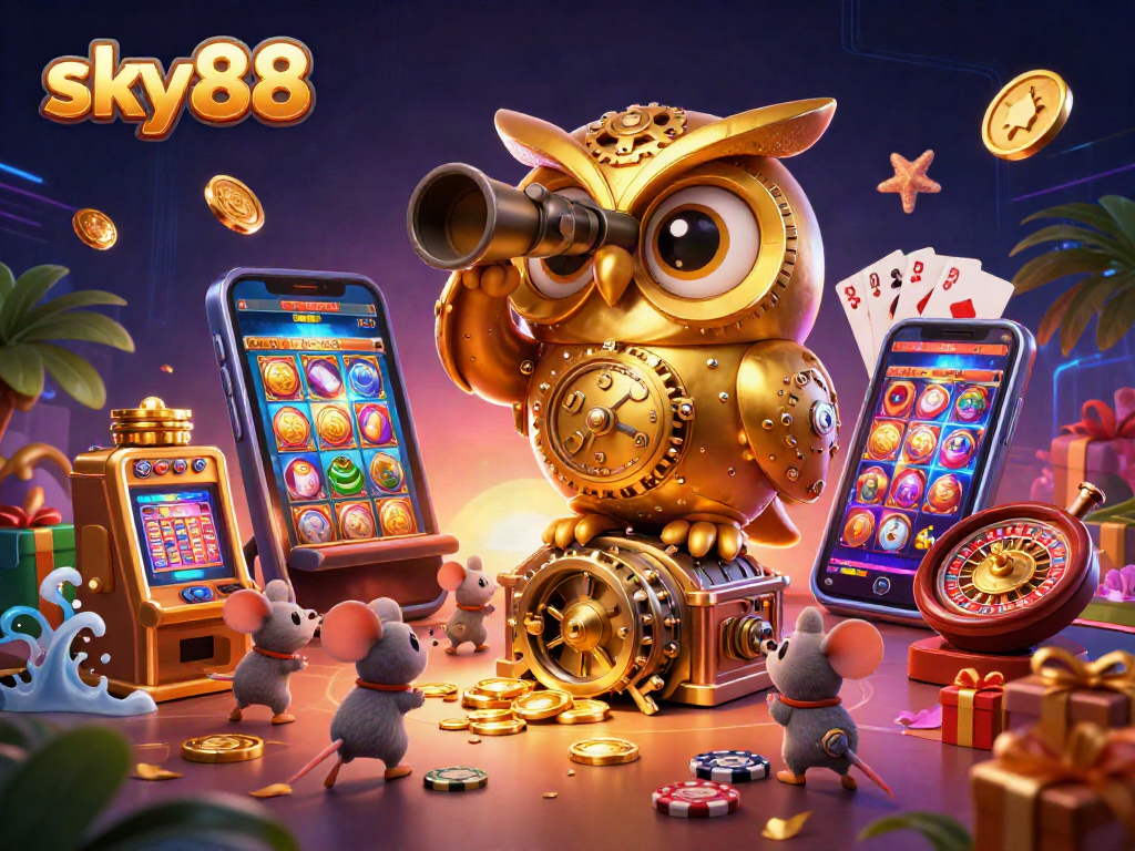 Experience vibrant gaming action at sky88 with a golden owl surveying the thrilling casino floor.