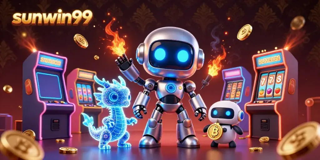 Engage with sunwin99’s vibrant gaming atmosphere featuring a futuristic robot mascot and exciting slot elements.