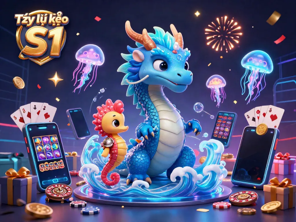 Engage with Tỷ lệ kèo S1 through a vibrant 3D illustration showcasing an azure dragon, magical sea creatures, and dynamic gaming elements.