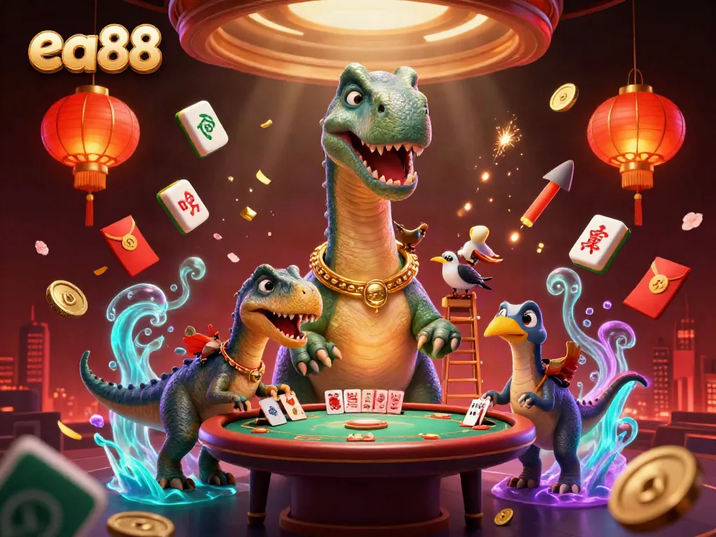 Experience the ea88 casino adventure with a giant brontosaurus surrounded by vibrant game elements in stunning 3D art.