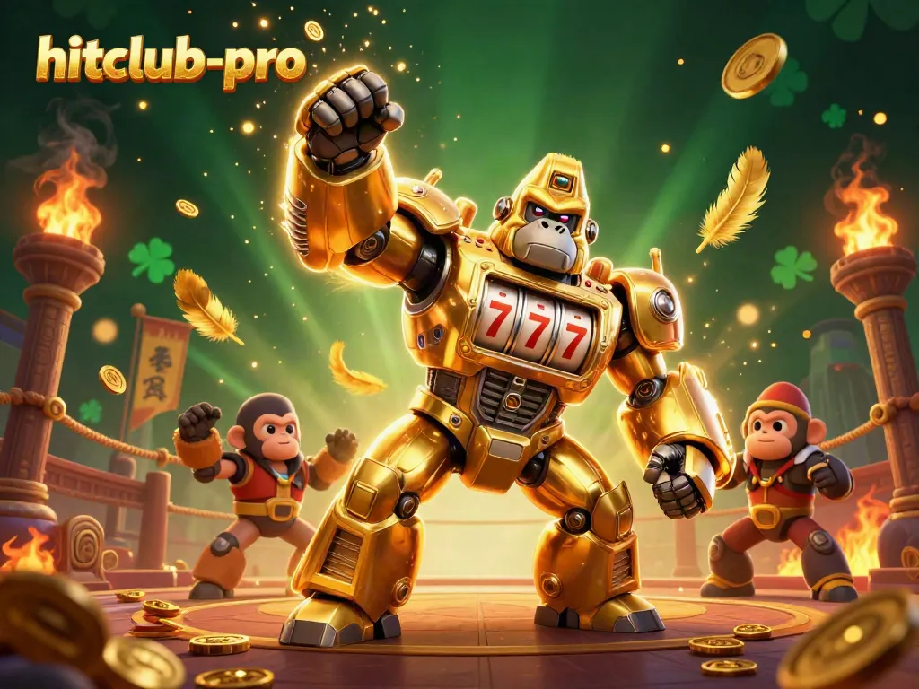 Experience exciting wins with hitclub-pro's vibrant 3D casino scene featuring a golden gorilla mech.
