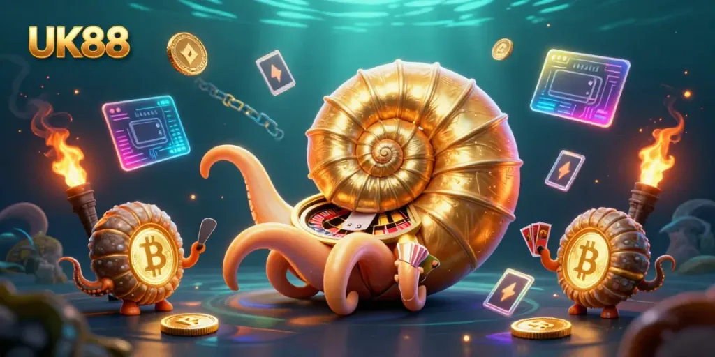 Experience excitement at UK88 with 3D illustrations of games, cards, and cryptocurrency elements.
