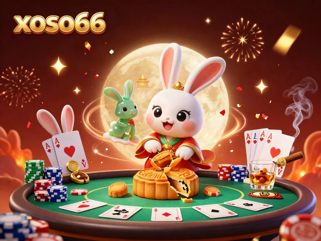 Experience xoso66's lunar-themed poker game, featuring a playful moon rabbit surrounded by vibrant casino elements.