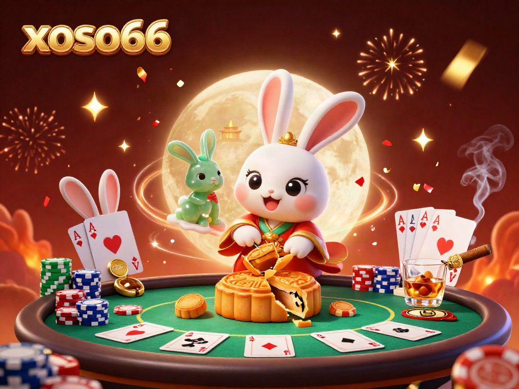 Experience xoso66's lunar-themed poker game, featuring a playful moon rabbit surrounded by vibrant casino elements.