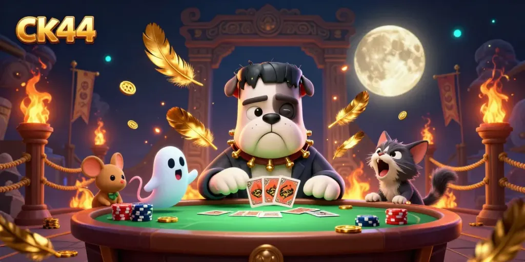 Engage in exciting games at CK44 with a spooky scene featuring a Frankenstein bulldog dealing cards.