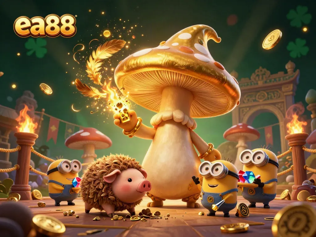 Winning strategies at EA88 casino with a magical golden mushroom wizard and treasures.
