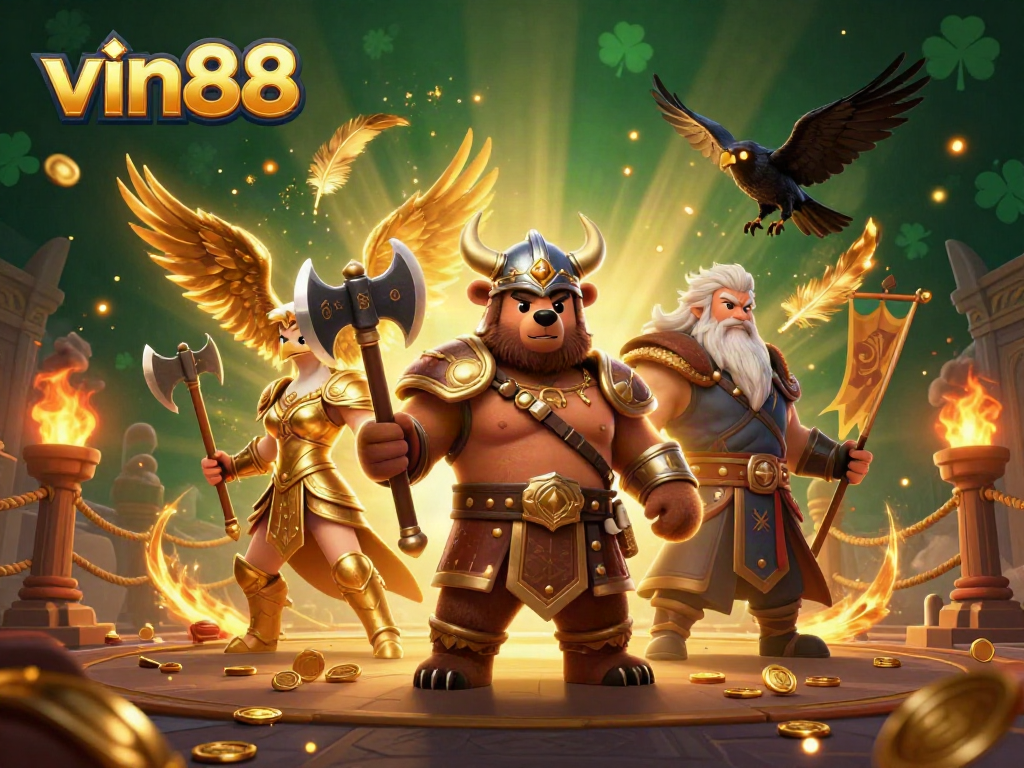 Experience thrilling gameplay at vin88 with a dynamic 3D casino scene featuring epic characters and rich details.