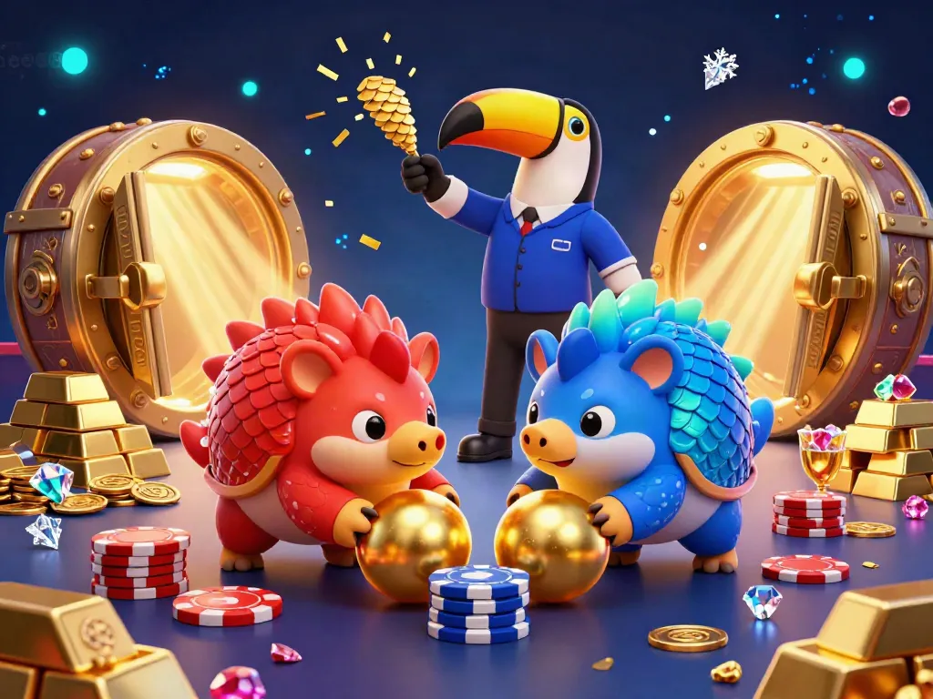 Experience the thrill of ee88 as rival pangolins roll through golden balls, surrounded by treasures and gambling excitement.