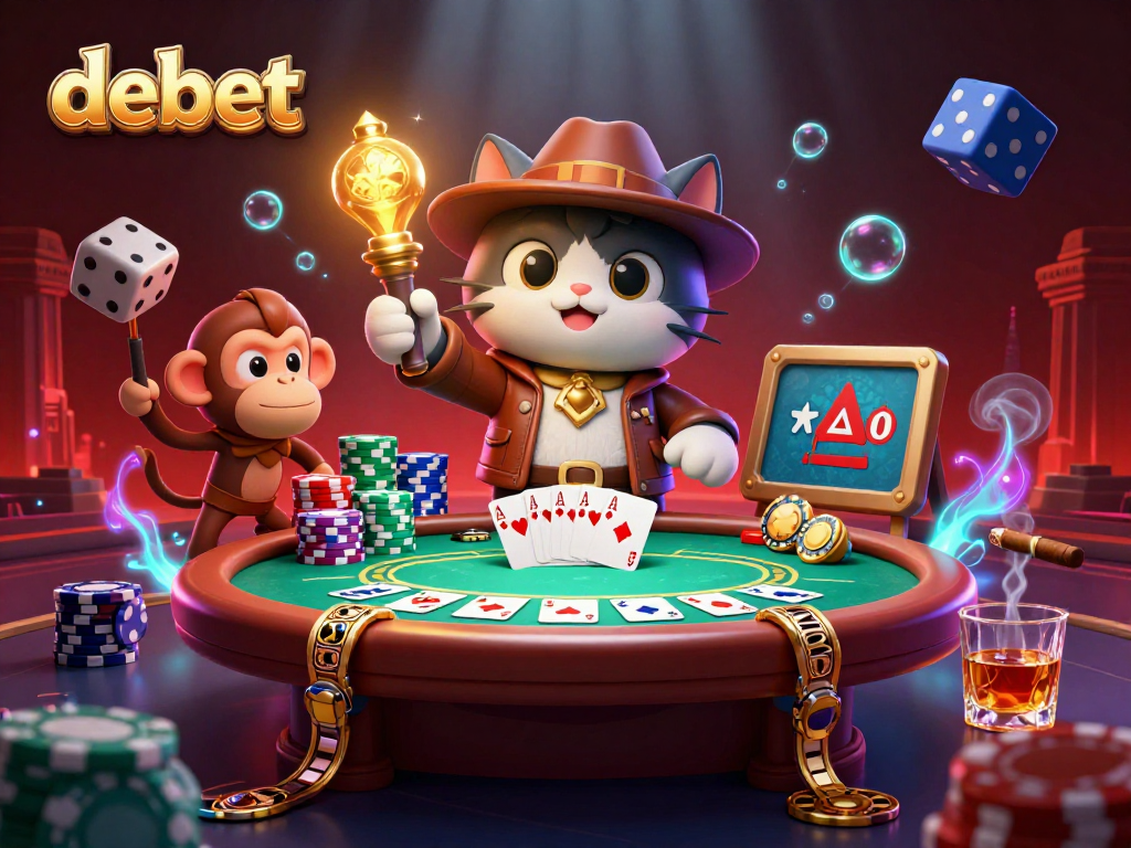 Engage with the debet gaming adventure showcasing a cat explorer uncovering treasures amidst dynamic poker elements.