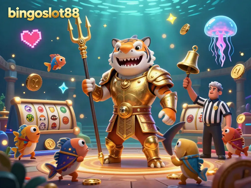 Visualisasi bingoslot88 yang menampilkan hiu macan berkostum gladiator di koloseum bawah laut penuh slot dan koin.