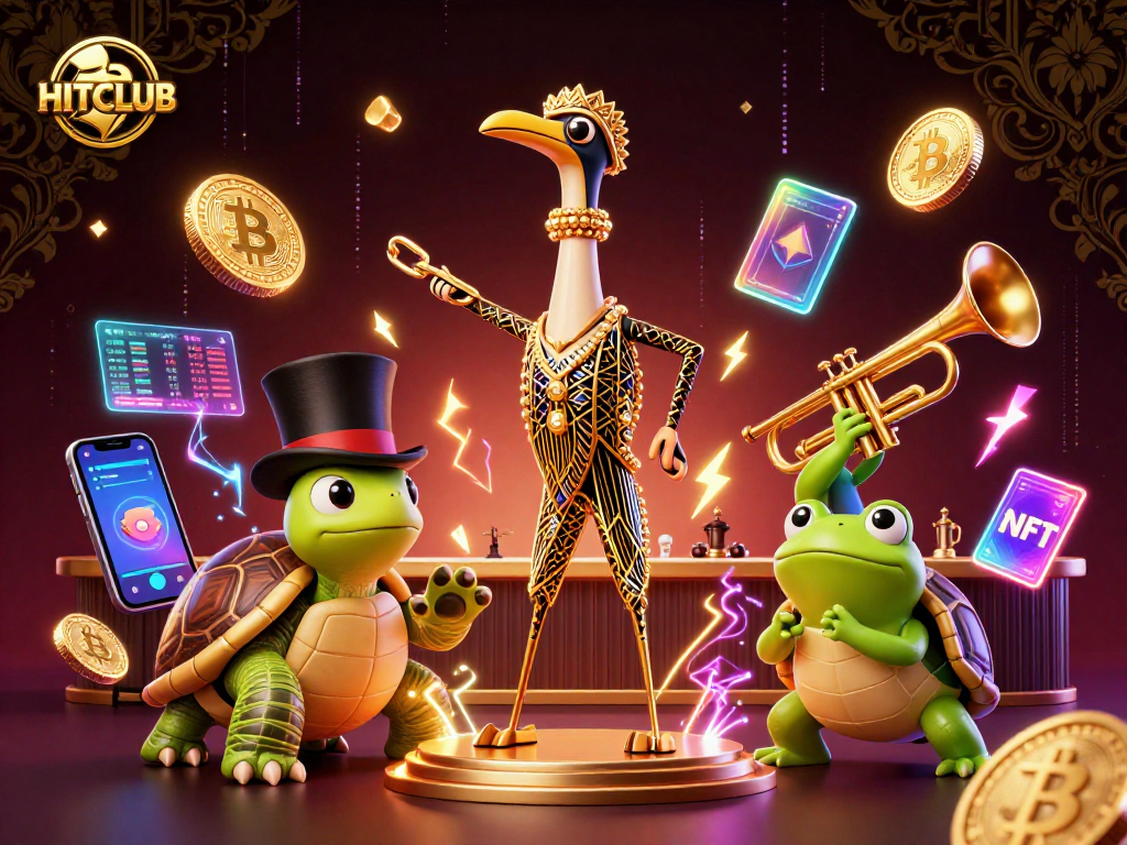Engage with HITCLUB's dynamic world of online gaming in a vibrant 3D illustration.